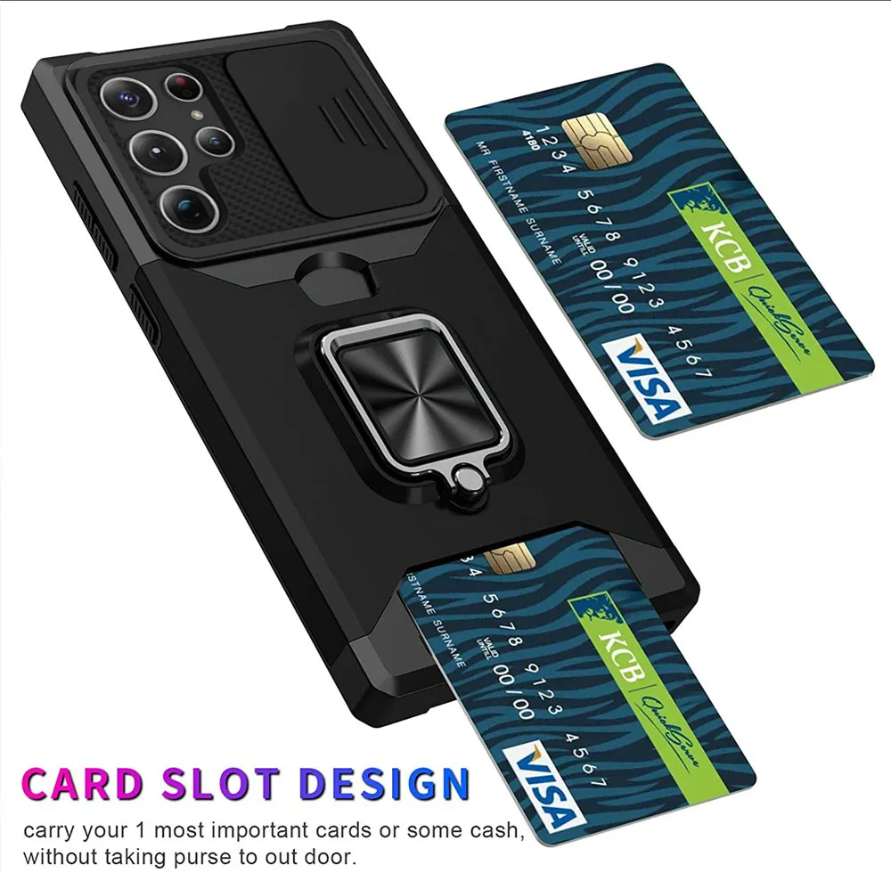 

For Samsung Galaxy S23 Ultra S22 S21 A12 A52 A72 A33 A53 5G Case Slide Camera Protection Card Slot Ring Stand Cover Note 20 Capa
