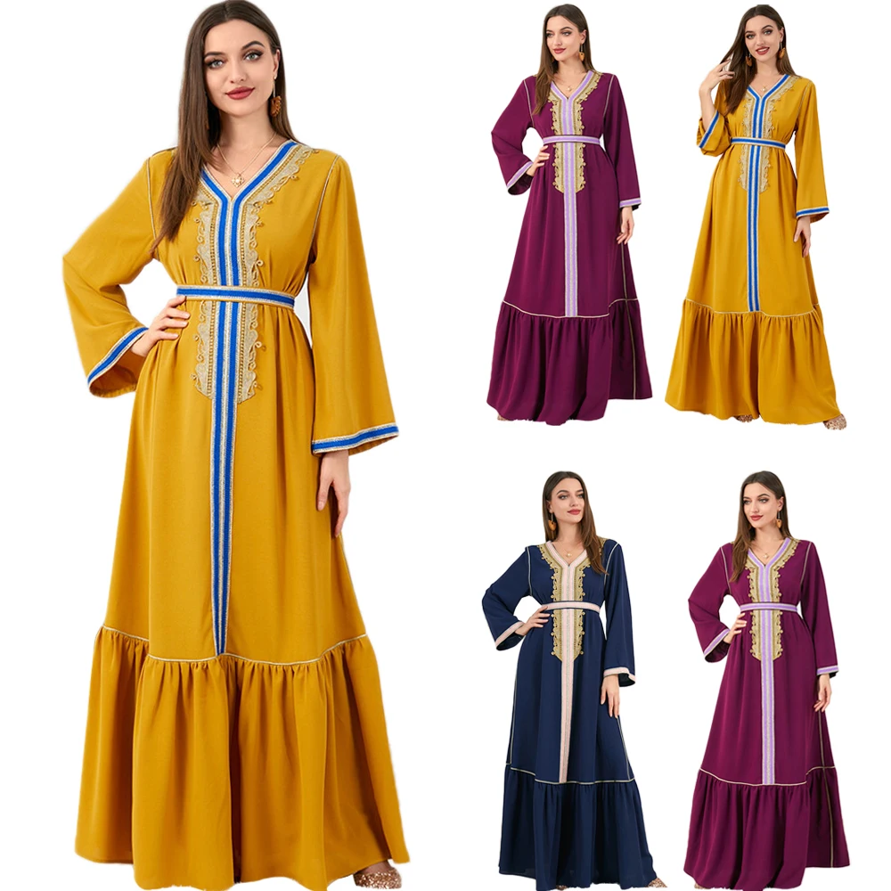 

Turkey Dresses For Women 2022 Autumn Muslim Fashion Dubai Abaya Belted Kaftan Pleated Hem Party Dress Islamic Vestidos Ramadan