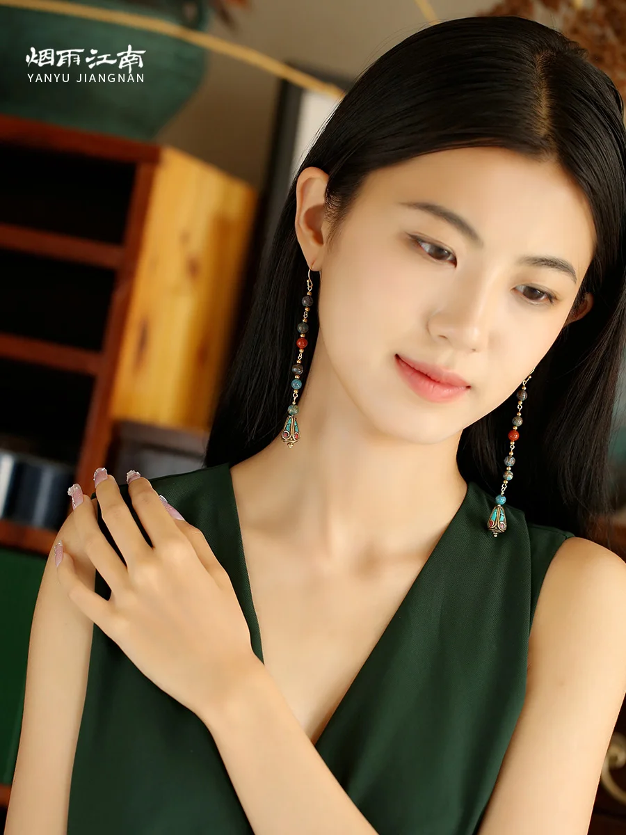 Ранние серьги Mengyu Smoky Rain Jiangnan оригинальный дизайн длинные женские в этническом