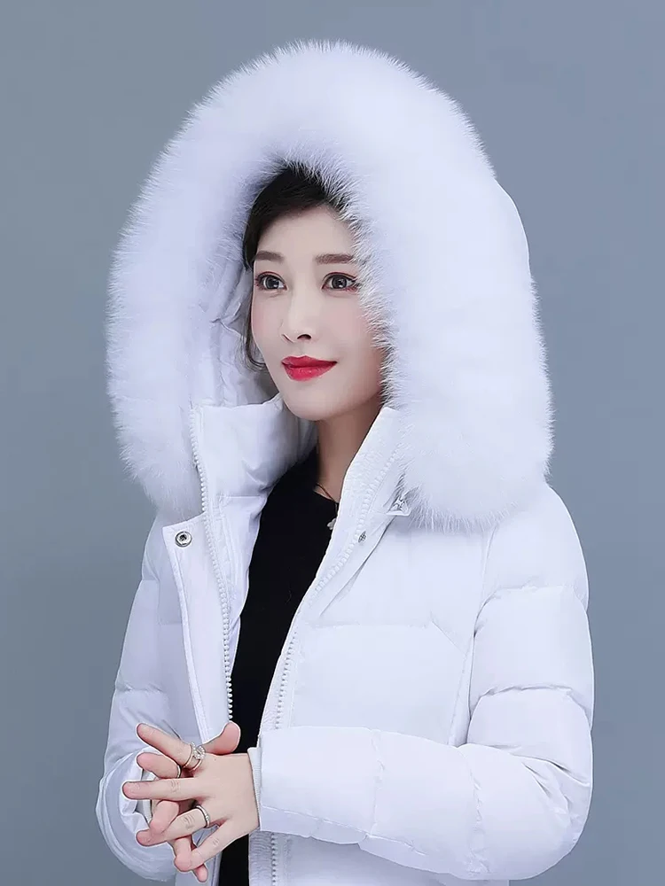 New Women Down Jacket Winter Casual Fashion Thicken Warm Real Fox Fur Collar Hooded Long White Duck Down Coat Slim Overcoat
