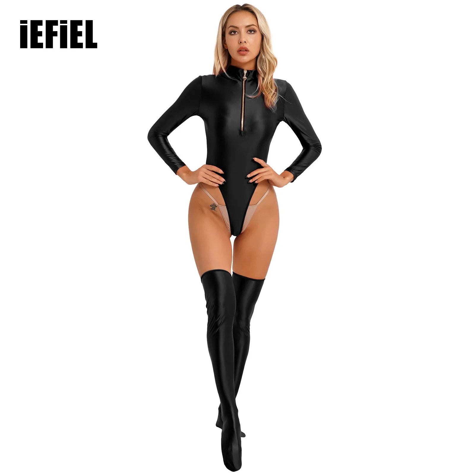 

Women Sexy Glossy High Cut Bodysuit Zipper Long Sleeve Leotard Stretchy Solid Color Catsuit with Thigh High Stockings