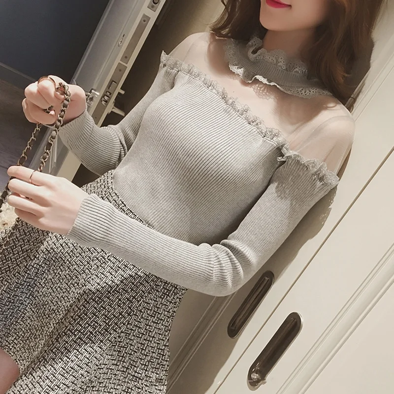 Футболка женская кружевная плиссированная с длинным рукавом пикантный топ в