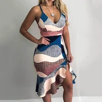 printed new spring and summer dress low cut sling v neck ruffled hip dress in stock