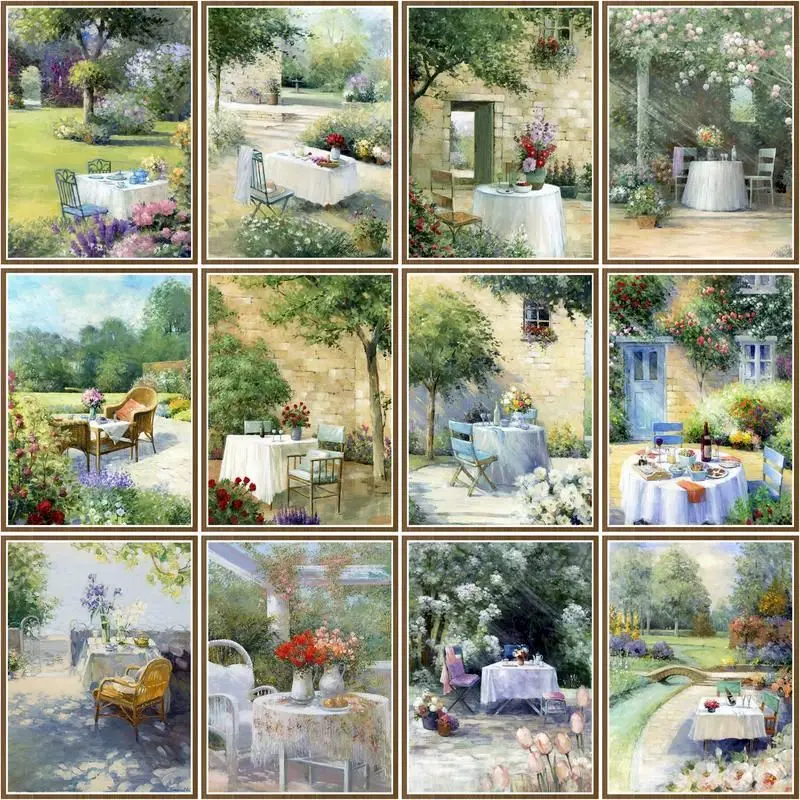 

CHENISTORY Painting By Number Garden Dining Table Scenery Coloring By Numbers Flower On Canvas Diy Home Decoration Diy Gift