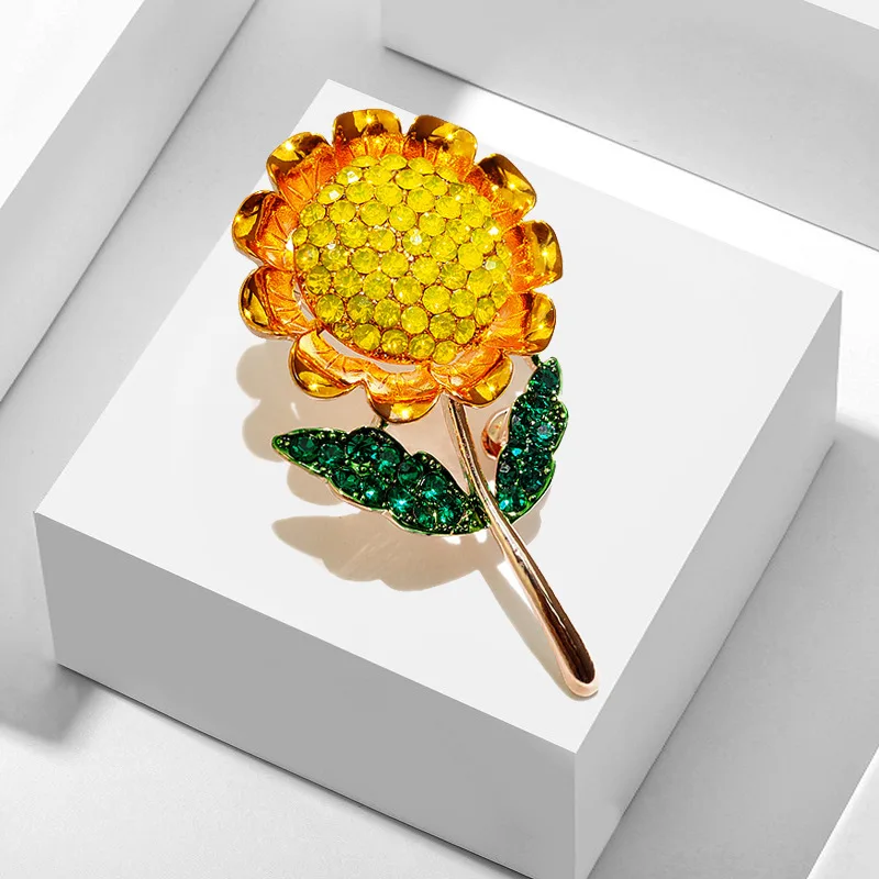 

TULX Enamel Sunflower 2 Leaf Brooch Pins For Women Yellow Rhinestone Flower Lapel Pin Plant Brooches Fashion Jewelry Gift