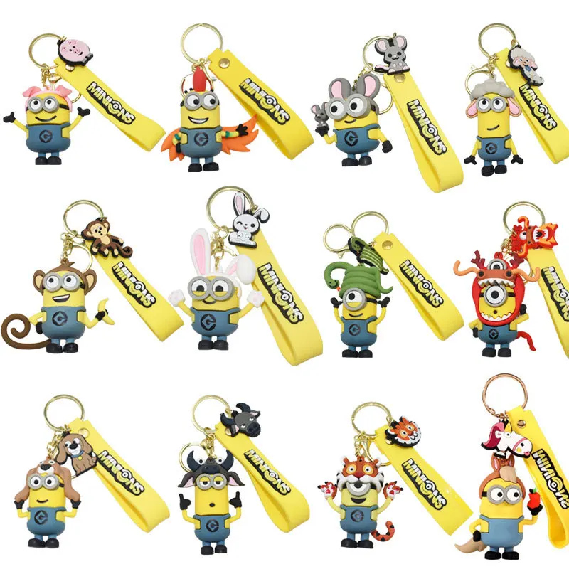 

Minions Figures 12 Chinese Zodiac Signs Cartoon Animal Theme Keychain Decoration Accesorios Schoolbag Pendant Key Bag Ornament