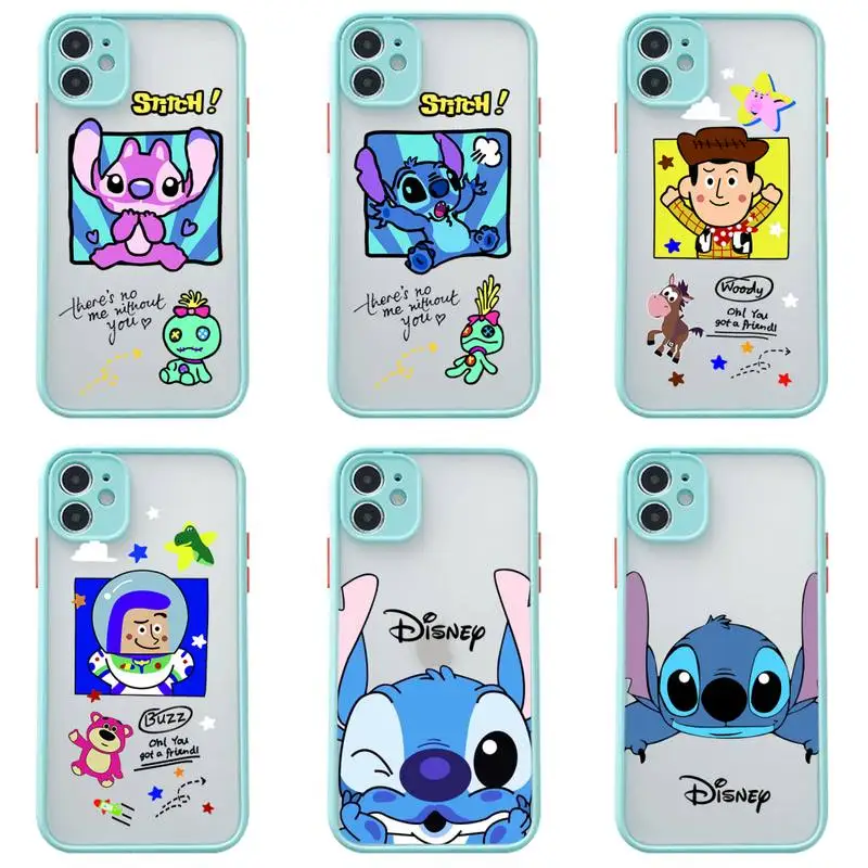 

Disney Stitch Toy Story Phone Case For iphone 13 12 11 Pro Max Mini XS 8 7 Plus X SE 2020 XR Matte Transparent Light blue Cover