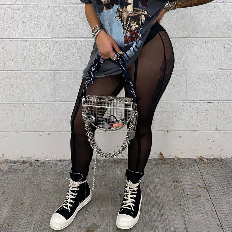 

Echoine Sheer Mesh Transpatrent Leggings Black Skinny Bodycon Pants Striped Party Sexy Hight Waist Pants Clubwear Outfits