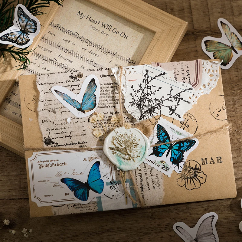 

46Pcs Box stickers Butterfly Retro literary hand account Scrapbooking material decorative Adhesive paper Gifts Flower book 4cm