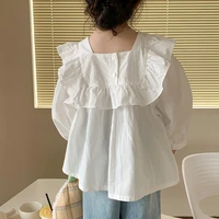 2022 autumn baby girls cotton ruffles long sleeve blouses kids solid color puff sleeve tops