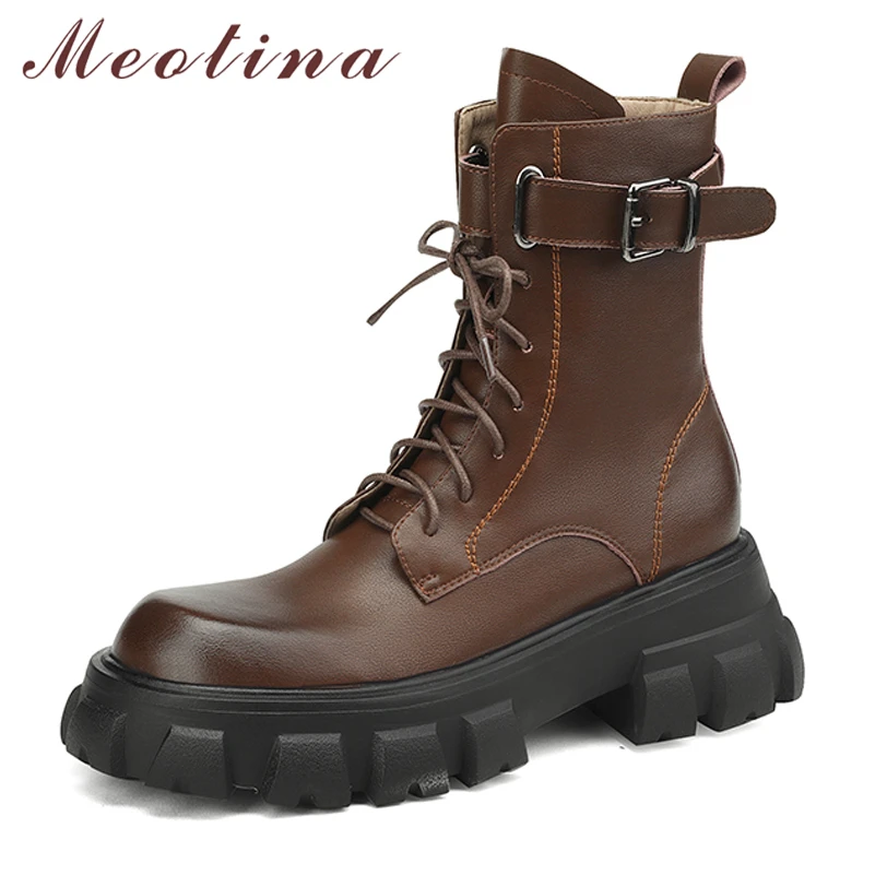 

Meotina Women Genuine Leather Ankle Motorcycle Boots Round Toe Platform Thick High Heel Zipper Buckle Ladies Boot Autumn Shoes