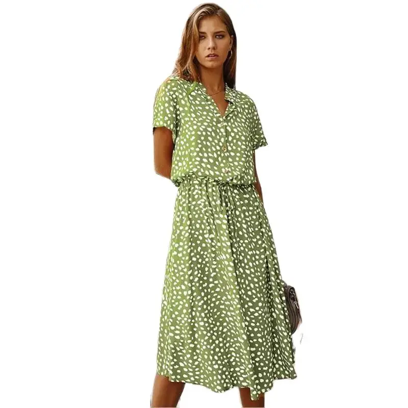 

Fashion Ladies Boho Leopard Print Shirt Dress Women Casual Midi Holiday Summer Dress Female High Waist Beach Dresses