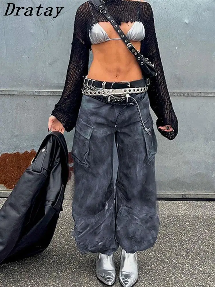 

Брюки-карго Dratay женские с завышенной талией, модные серые мешковатые штаны с карманами, повседневные Прямые длинные брюки с широкими штанин...