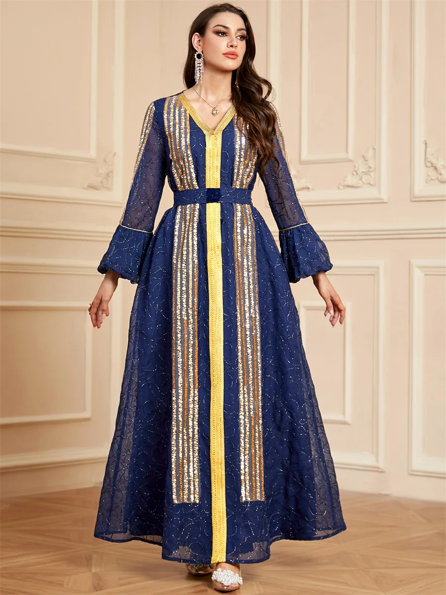 Siskakia Ramadan Dubai Стильные длинные платья с блестками и рукавами-лепестками v-образным