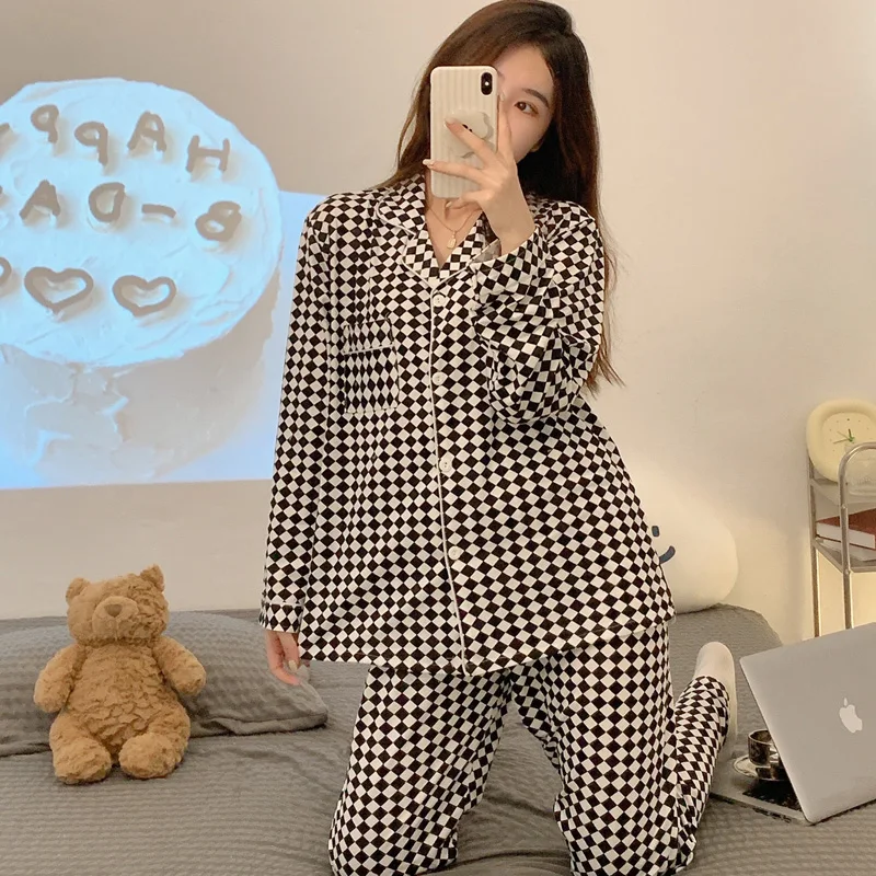 Spring and autumn pajamas women's new cotton thin cardigan button lapel cute sweet printed long sleeve suit casual home wear