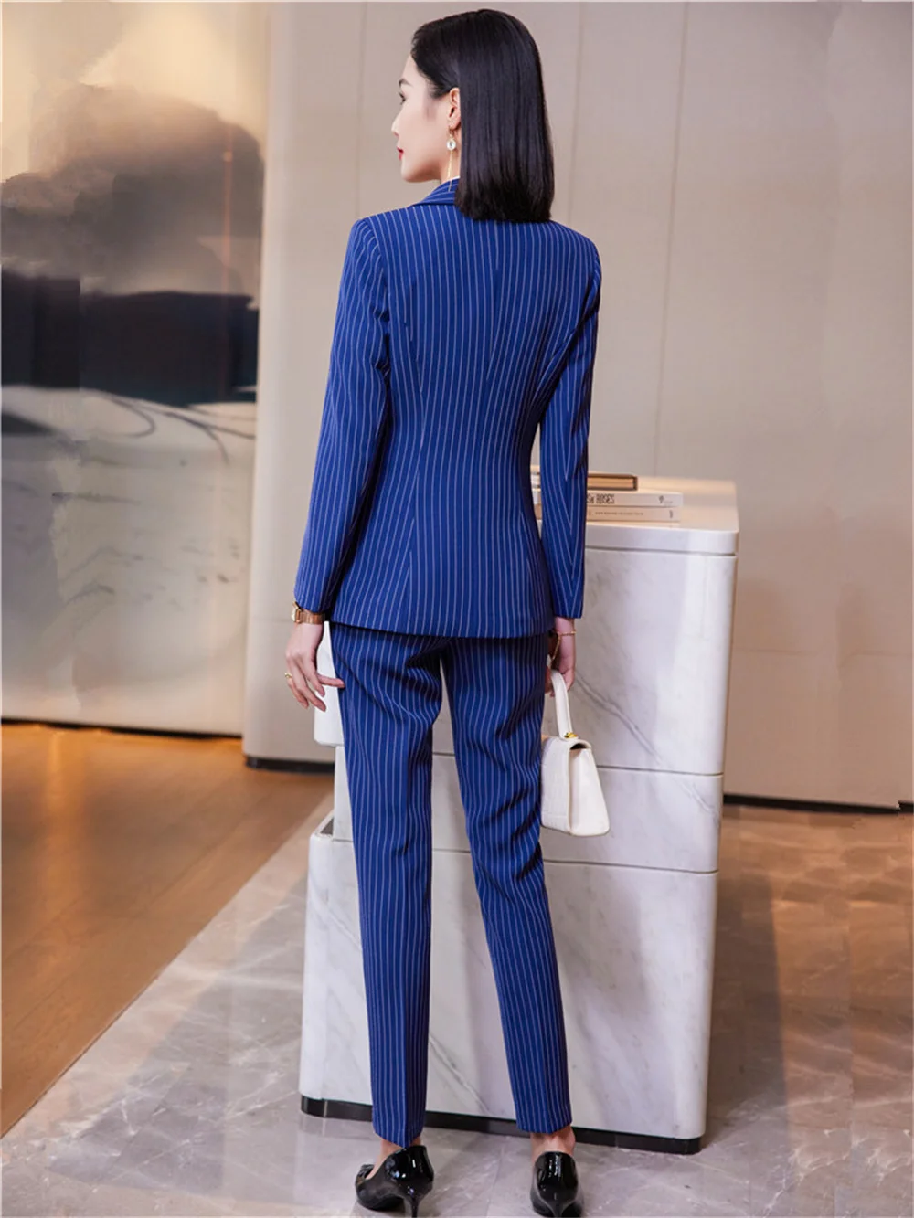 Elegant Women Pant Suit 2023 New in Blue Blazer + Trousers Long Sleeve Striped Suit Formal Office Lady Business 2 Piece Set