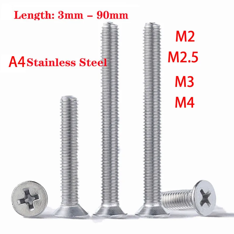 

5-100pcs 316 Stainless Steel A4 Cross Phillips Bolt Screw Countersunk Head Flat Screws M2 M2.5 M3 M4 Length 3mm to 90mm