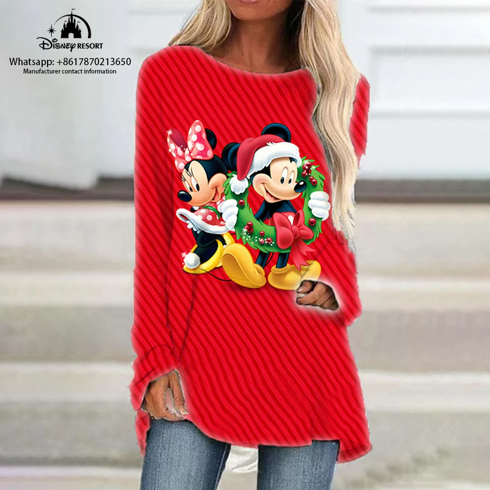 

Mickey and Minnie Anime Christmas Fall New Women's Round Neck Loose Long Sleeve T Shirt Disney Fashion Casual Raglan Dress