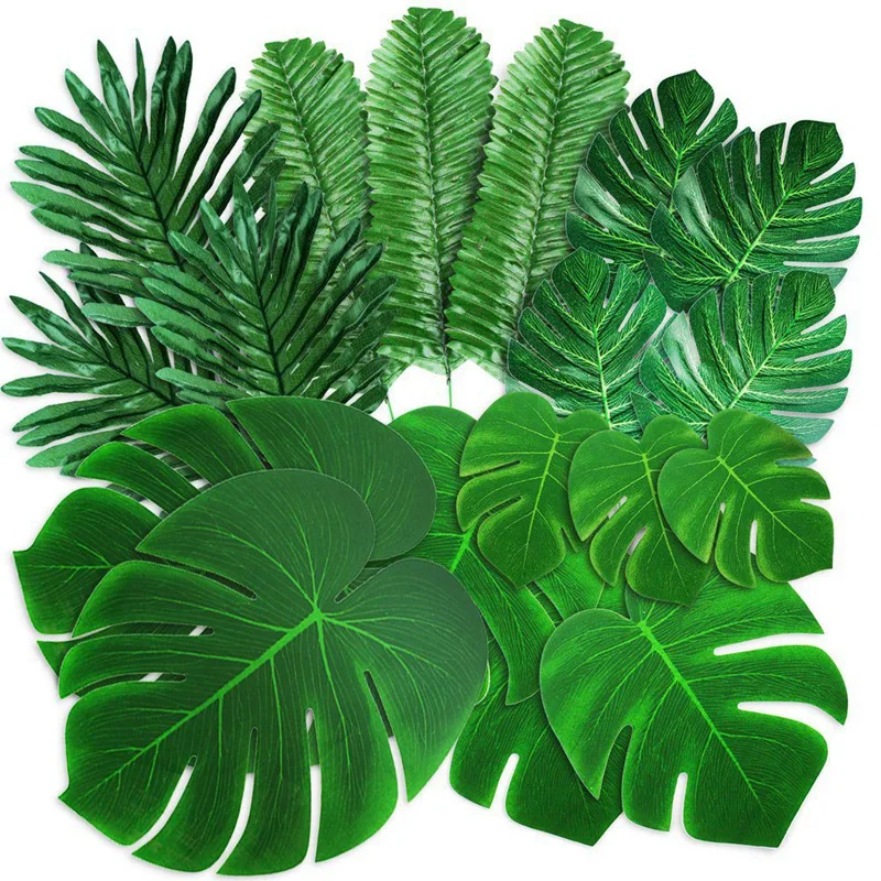 

98PCS Palm Leaves Golden Tropical Leaves With Stems Fake Leaf Plant For Hawaiian Party Beach Table Leaves Decorations