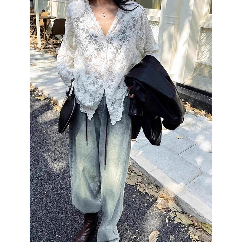 MEXZT Y2K черные кружевные прозрачные рубашки женские модные сексуальные открытые