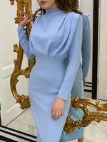 elegant women dress stand collar slim waist solid blue ankle length autumn long sleeve casual party dress 2021 fashion