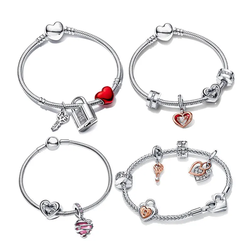 

PAN Style 925 Silver Charms Bracelet Set For Women Man Valentine's Day Love Type Key Connected Lock Heart Fine Jewelry Gift