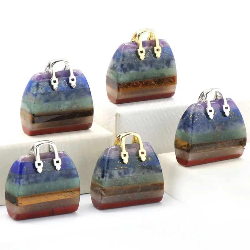 

7 Chakra Stone Charms Handbag Shape Reiki Healing Energy Crystal Pendants Ornaments for Yoga Meditation Balance Figure