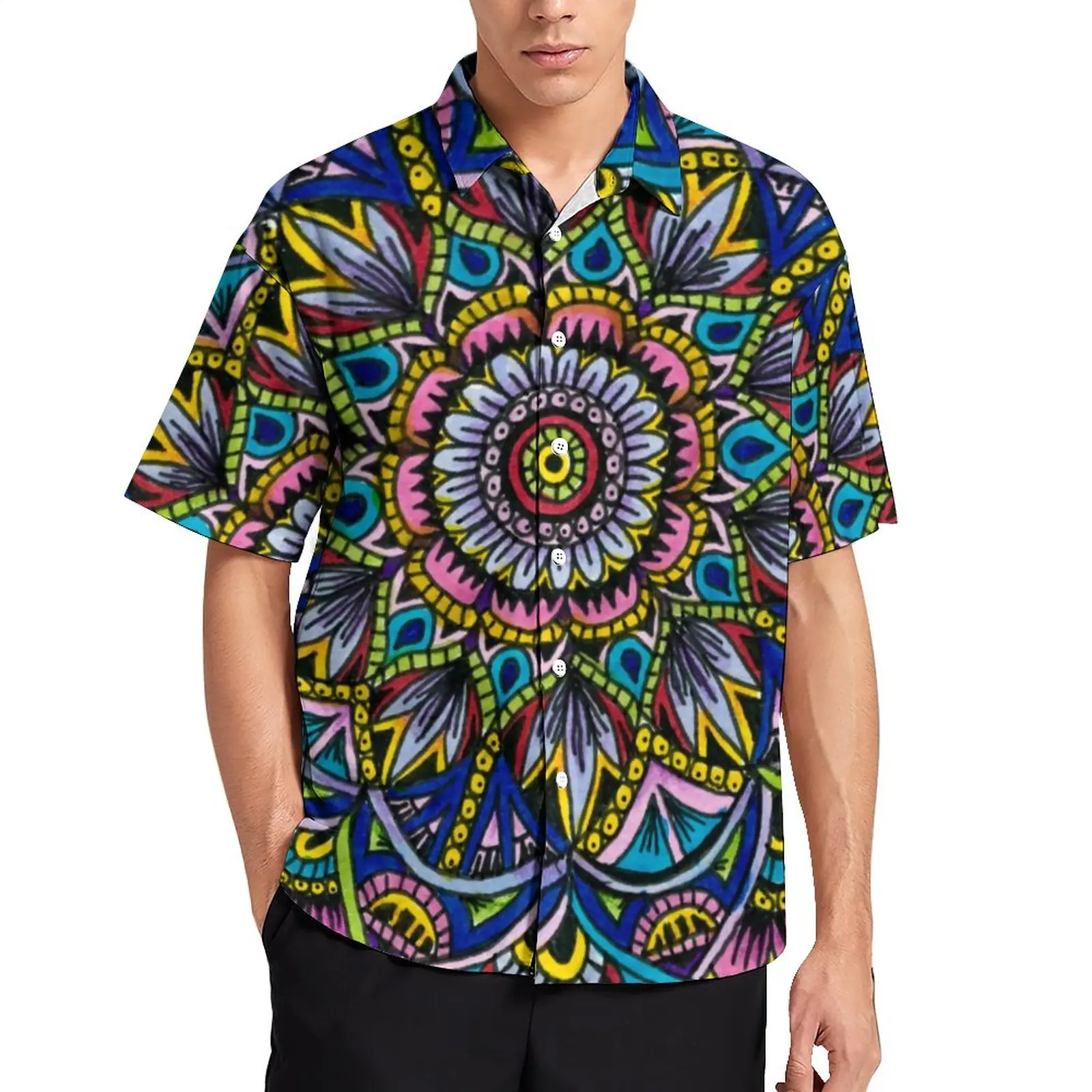 

Summer Mandala Blouses Men Retro Floral Print Casual Shirts Hawaiian Short Sleeve Graphic Novelty Oversized Vacation Shirt Gift