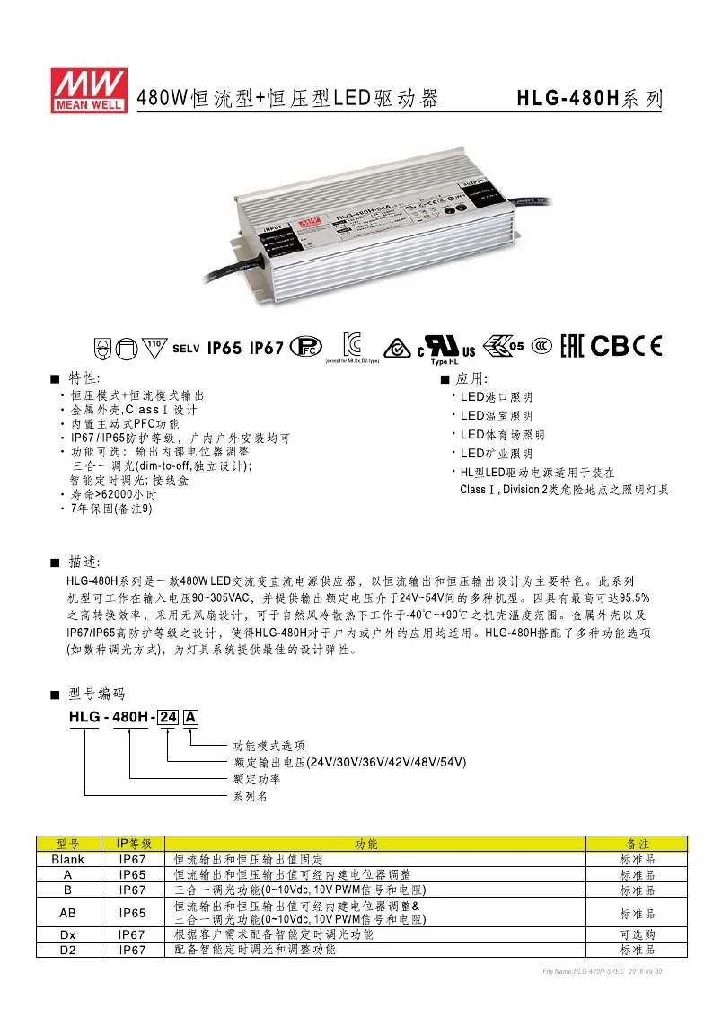 Водонепроницаемый источник питания Taiwan Mingwei HLG-480H-42B 480W 42V 11.4A авторизованное
