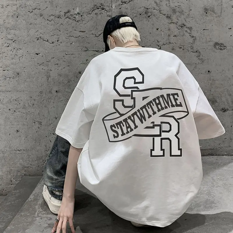 

100% pure cotton European and American short sleeved T shirt men American fashion brand hip hop loose large youth half sleeve