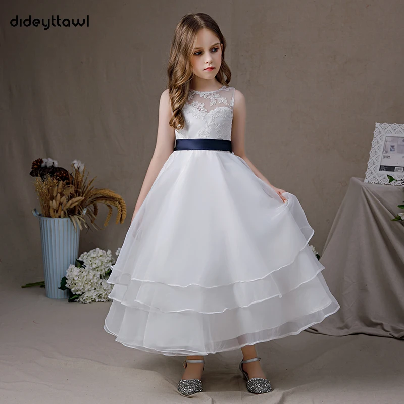 

Dideyttawl Tiered First Communion 2022 Sleeveless Tea-Length Flower Girl Dress For Wedding Party Lace Junior Bridesmaid Gown