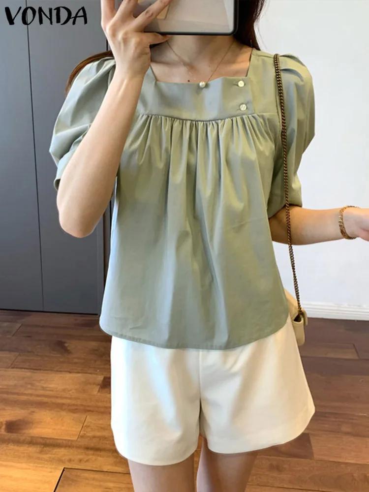 

2023 летняя Женская Туника VONDA с квадратным вырезом, элегантные рубашки с коротким рукавом-фонариком, Повседневная плиссированная однотонная блузка, женские блузы