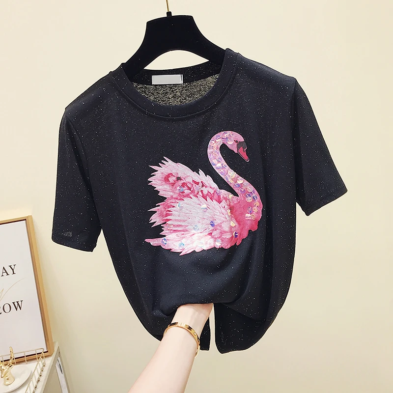 

Tshirts Women's Summer Black Sparkel Embroidery Short Sleeve Tshirt Woman O Neck Causail Korean TeesT-shirt Tops Women Clothes