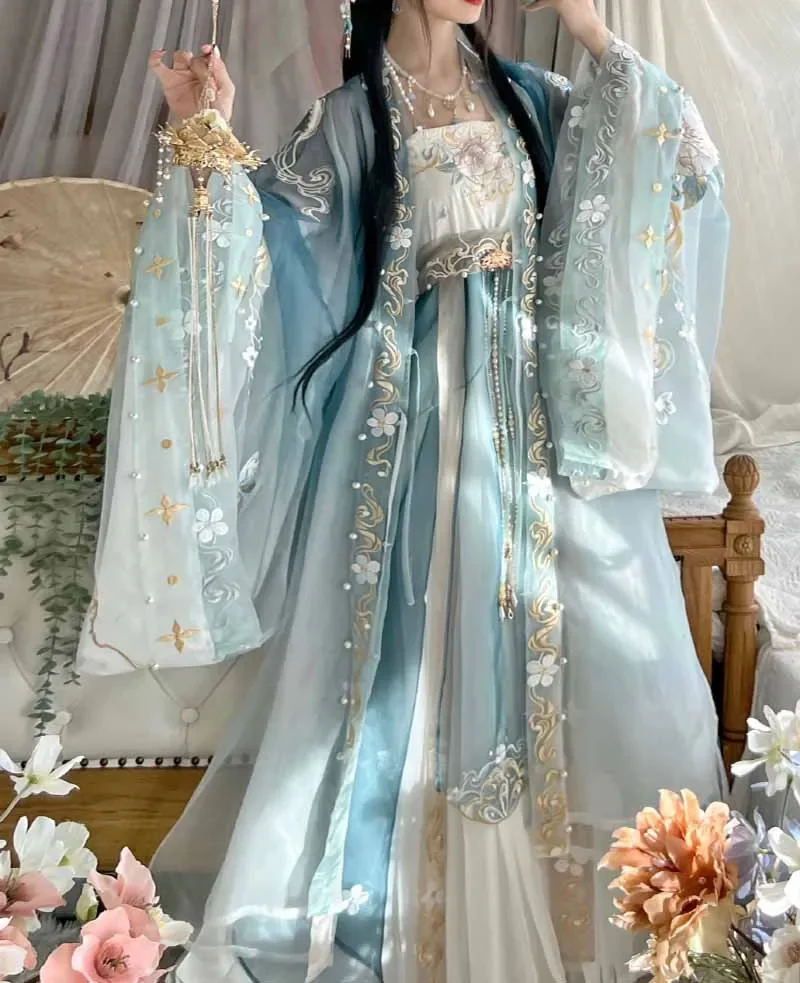 

Женское платье Hanfu с градиентной синей вышивкой, традиционный китайский винтажный Женский карнавальный костюм для косплея
