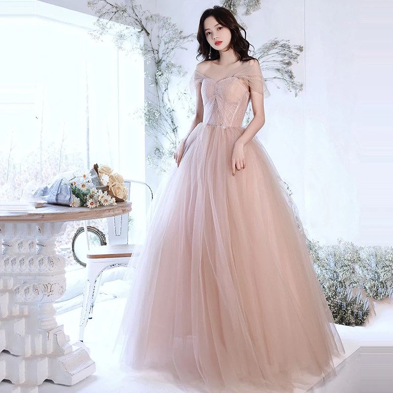 

LAMYA Sweetheart Tulle Long Evening Dresses Pink Elegant Prom Dress Pearls Beading Gown Plus Size Robe De Soire