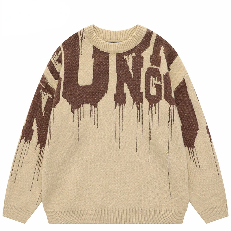 

2023 Men Streetwear Sweater Hipster Letter Graphic Hip Hop Knitted Sweater Casual Loose Pullover Sweater Khaki Black Skateboard