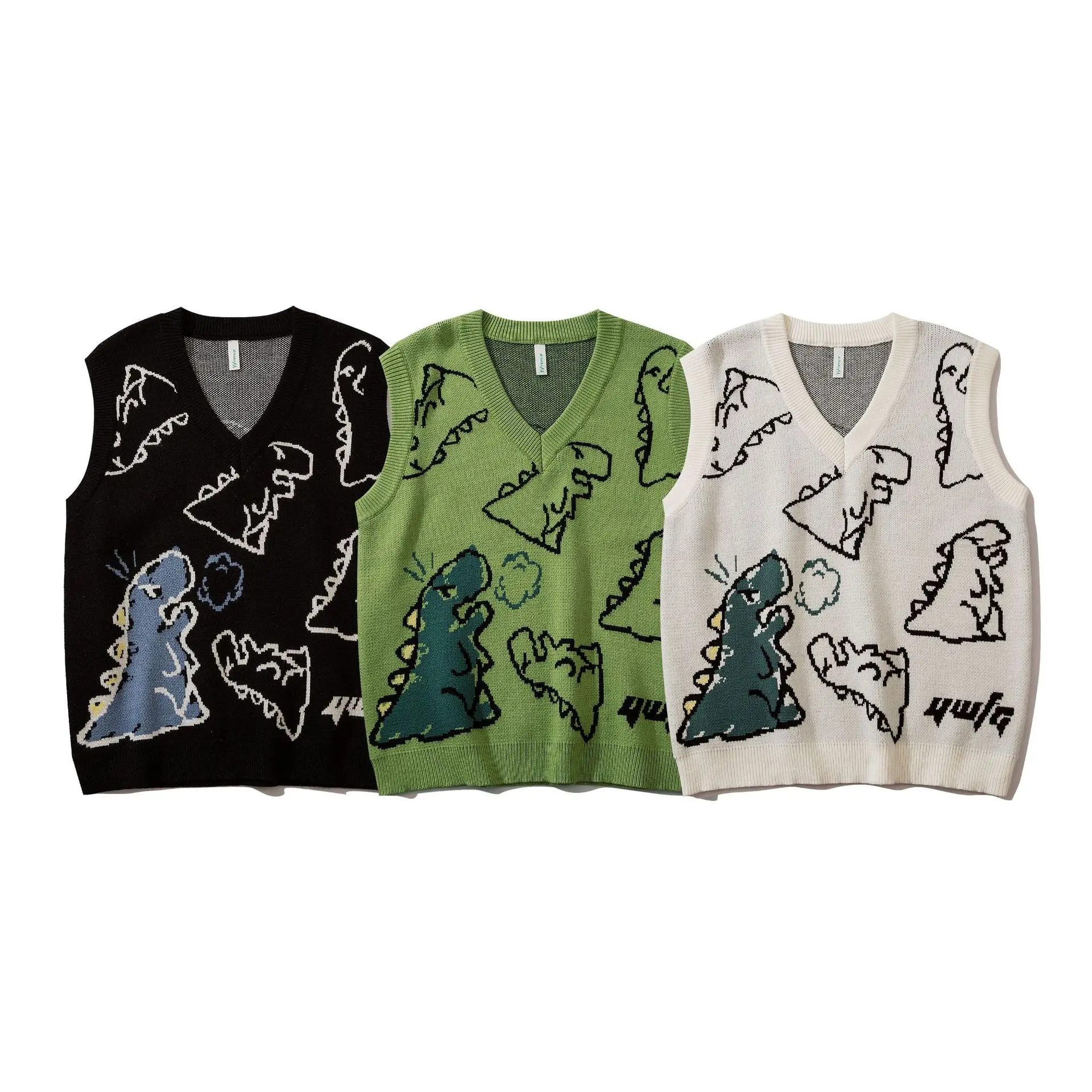 2022 New V Collar Vest Dinosaur Sweater Men's Spring Autumn Cartoon Couple Sweater Vest Sleeveless Sweater Fashion