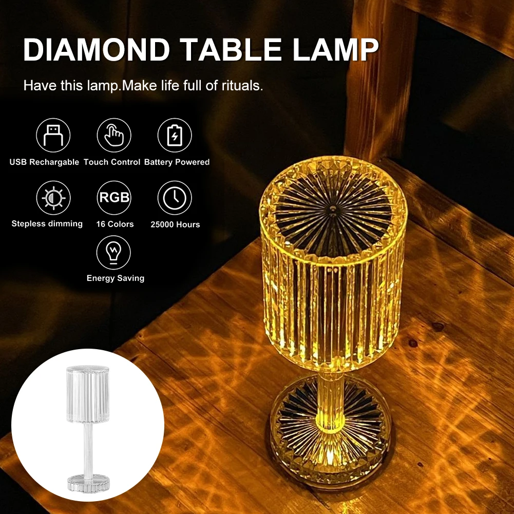 

LED Crystal Table Lamp 3/16 Colors Touch Adjustable Romantic Diamond Atmosphere Light USB Touch Night Light For Home Decorations