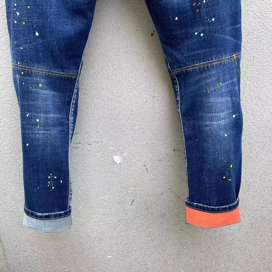 2023 Autumn New Denim Pants Men's d2 Jeans Water Wash Casual Slim Fit Fit Small Feet Hot Drill Burnt Hole Patch