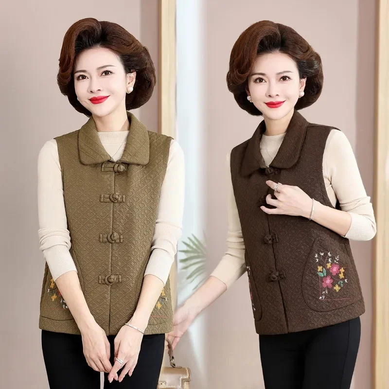 

Vest Coat Women 2024 Spring Autumn New Middle-Aged Old Mothers Sleeveless Jacket Embroidered Disc Button Female Waistcoat Top