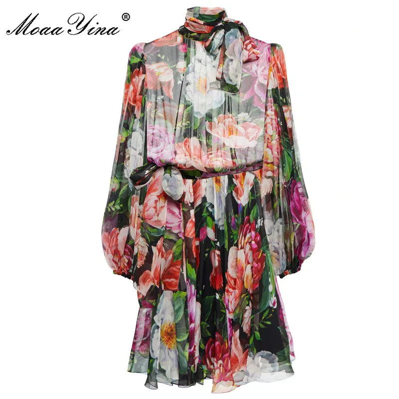 

MoaaYina Fashion Runway Designer Summer Spring Silk Dress Women Lantern Sleeve Bow Flower Print Vintage Vacation Party Dresses