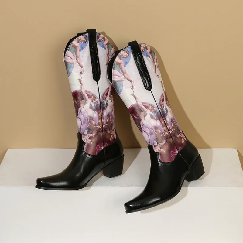 2023 New European-style Printed Oil Painting Retro Knight Boots Pointed Toe Heel Thigh-high Boots Western Cowboy Boots A-0017