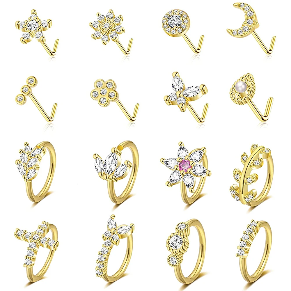 

20G L Shape Nose Stud Hoop for Women Men CZ Cartilage Earring Hoop Cute Butterfly Flower Nose Piercing Jewelry Nose Ring Hoop
