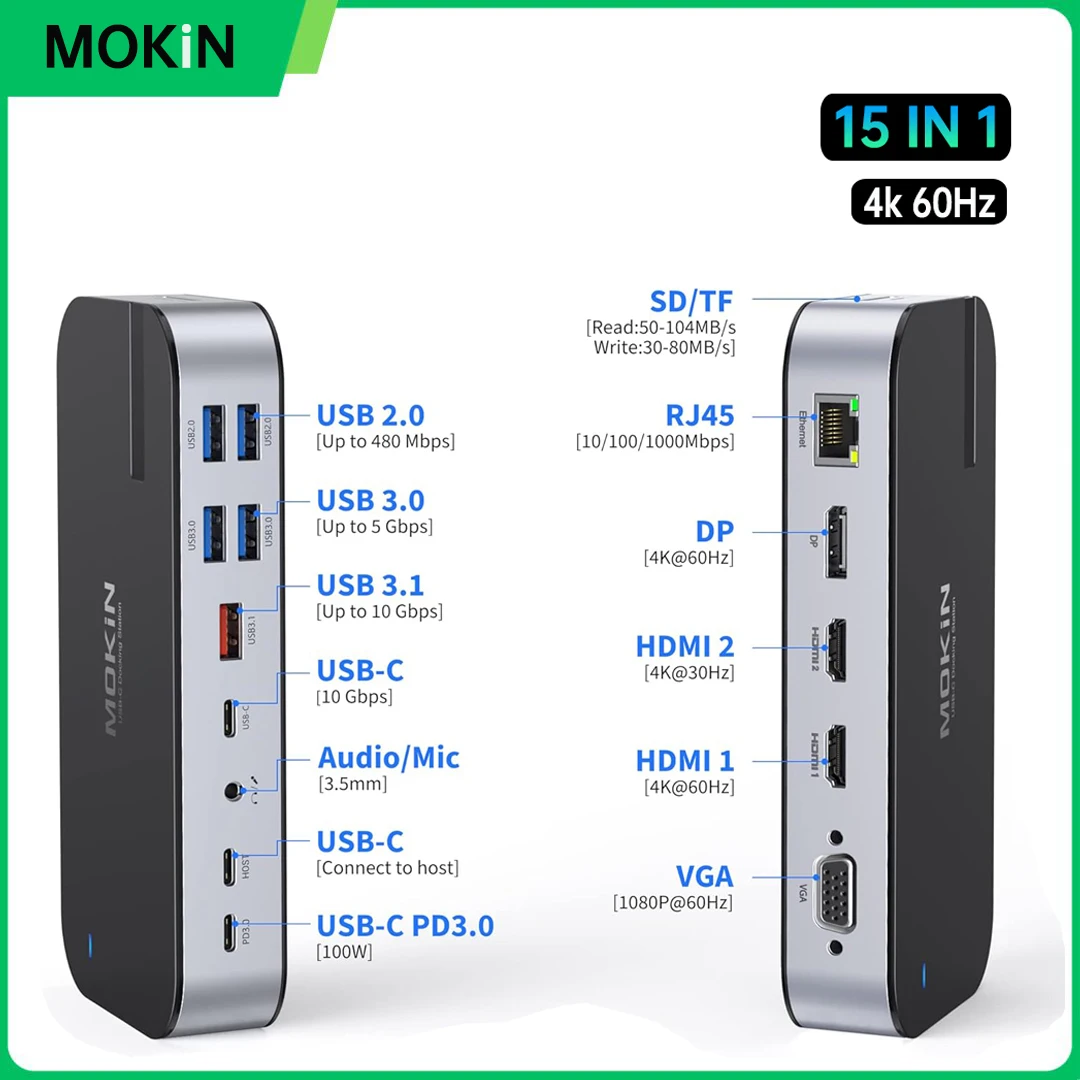

MOKiN USB C Docking Station Type C to 4K DP HDMI USB 3.0 3.1 SD/TF RJ45 Audio PD 100W 15 in 1 USB C HUB for Mac iPad PC Laptops