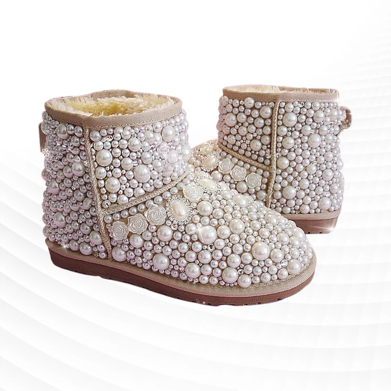 

And leg boots large pearl rhinestone stitching fur one plus velvet thick comfortable winter handmade pearls 35-44