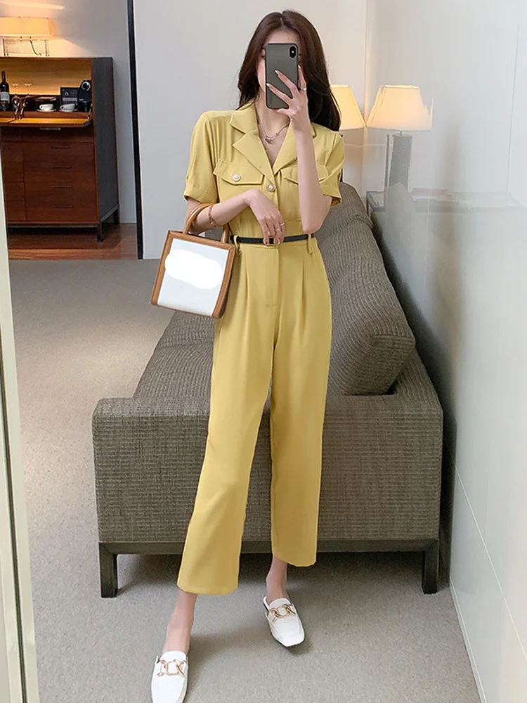 

Женский комбинезон, Новинка лета 2022, модный костюм с воротником, высокой талией и широкими штанинами, модные женские брюки