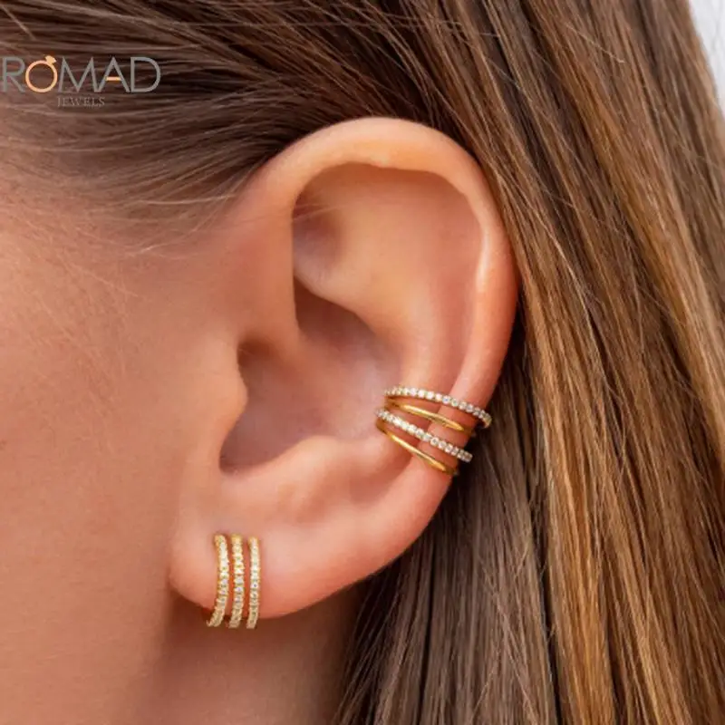 

ROMAD 1PCS Multi-layer Irregular Ear Clip Earrings For Women No Puncture White Black Zircon Ear Cuff Earrings Fashion Jewelry