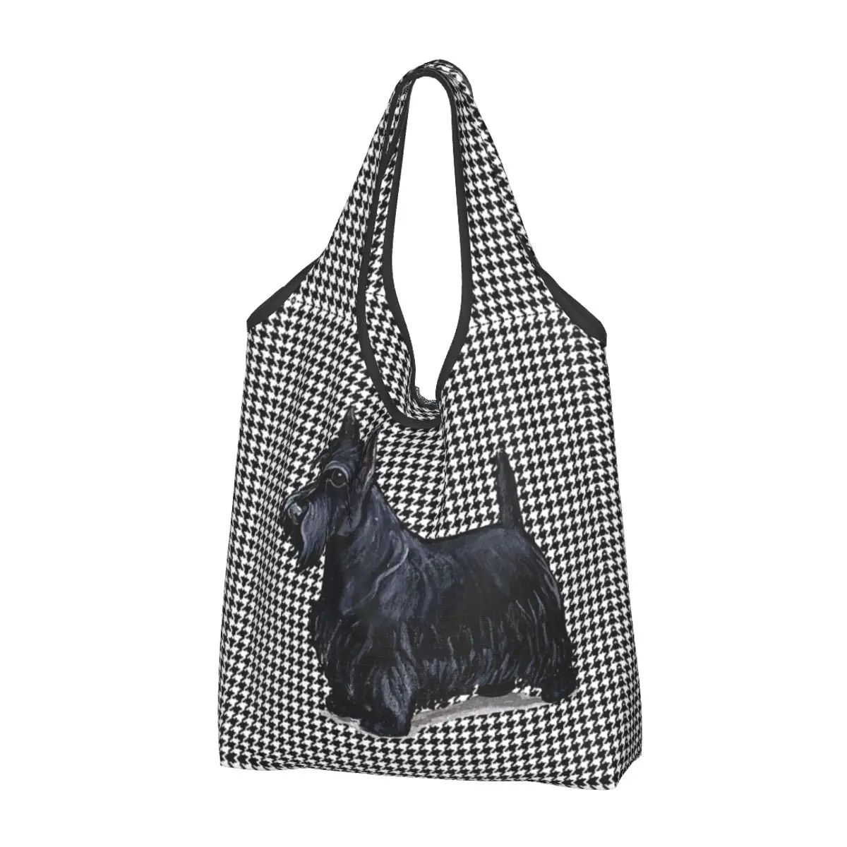 

Custom Scottish Terrier Houndstooth Shopping Bags Women Portable Big Capacity Grocery Pet Scottie Dog Shopper Tote Bags