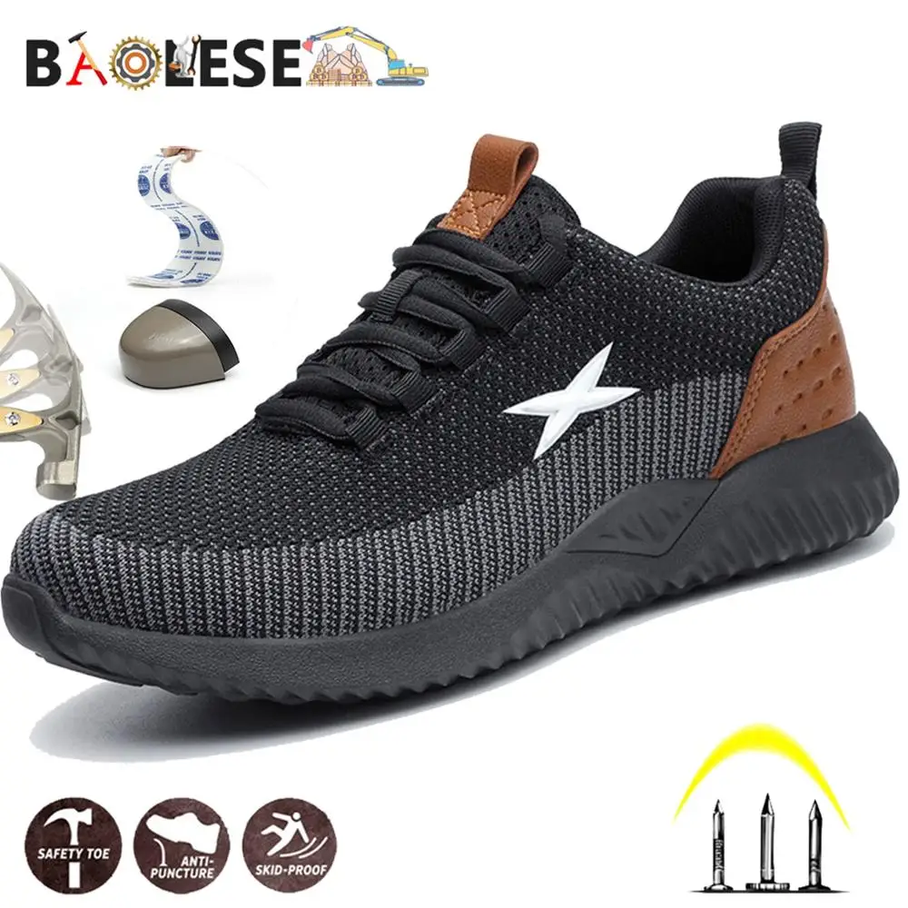 

BAOLESEM Man Safety Shoes Men Work Safety Shoes Steel Cap Toe Construction Shoes Lace-up Work Sneakers Brathable Safty Footwear