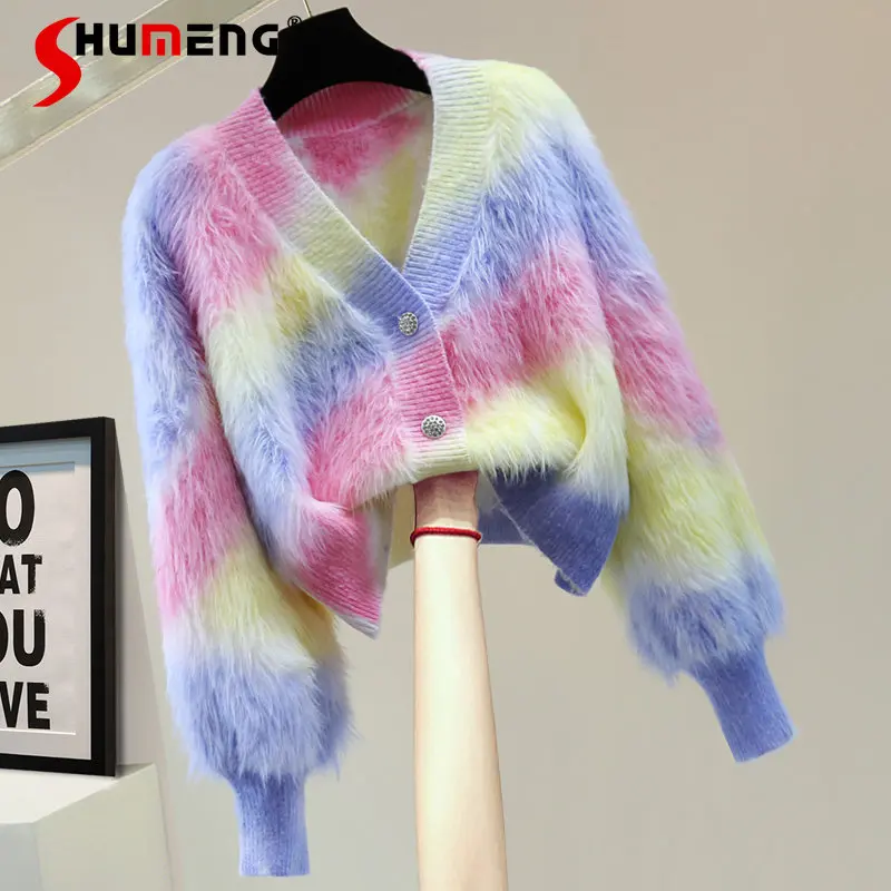 Colorful Striped Mohair Knitwear Autumn Winter Korean Style Long Sleeve Slimming High Waist Short V-neck Sweater for Women